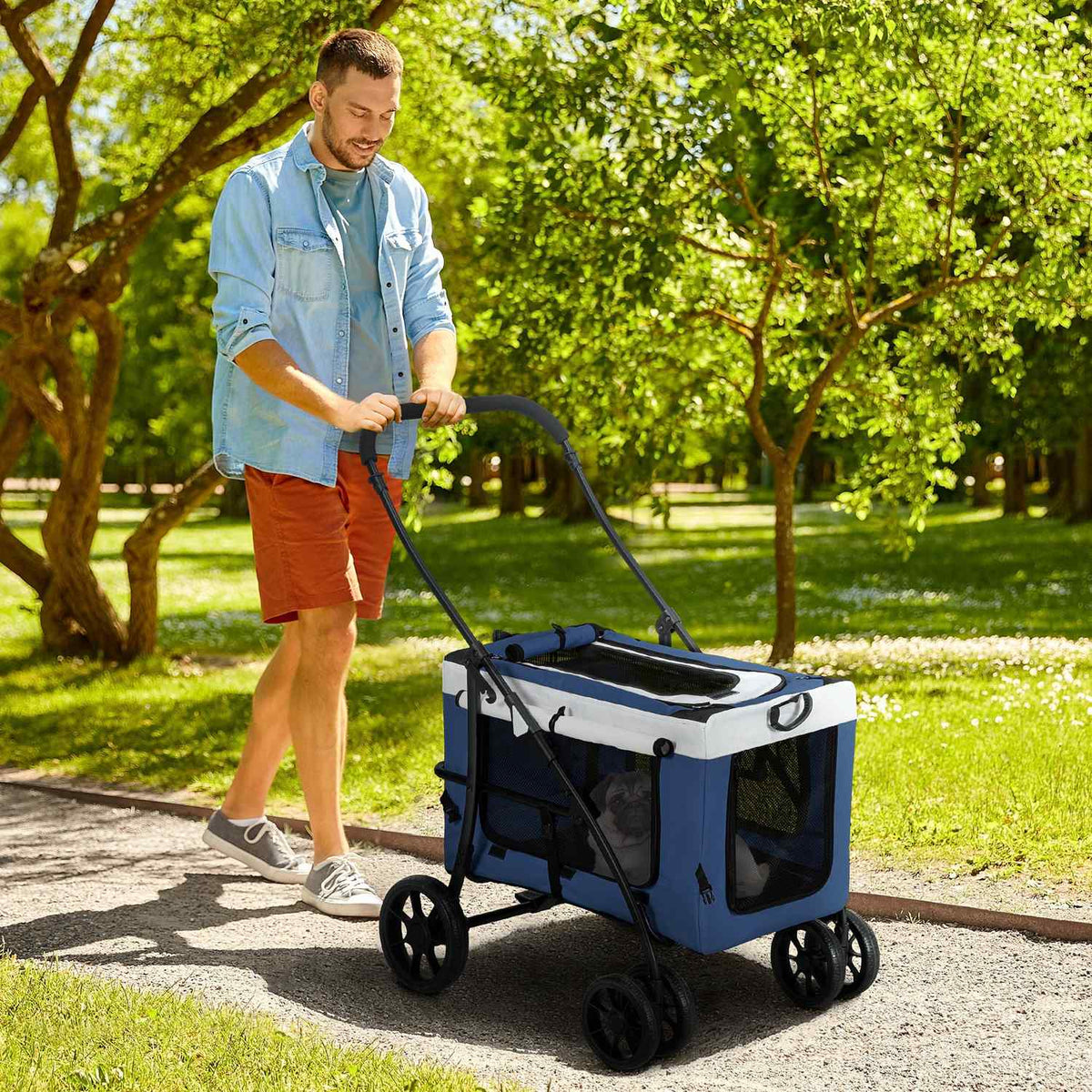 2 In 1 Dog Buggy Pet Cart Dog Trolley With Removable Basket, 2 Safety Leashes Foldable For Small And Miniature Dogs, Oxford, Blue