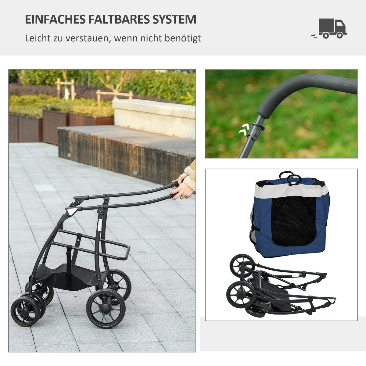 2 In 1 Dog Buggy Pet Cart Dog Trolley With Removable Basket, 2 Safety Leashes Foldable For Small And Miniature Dogs, Oxford, Blue
