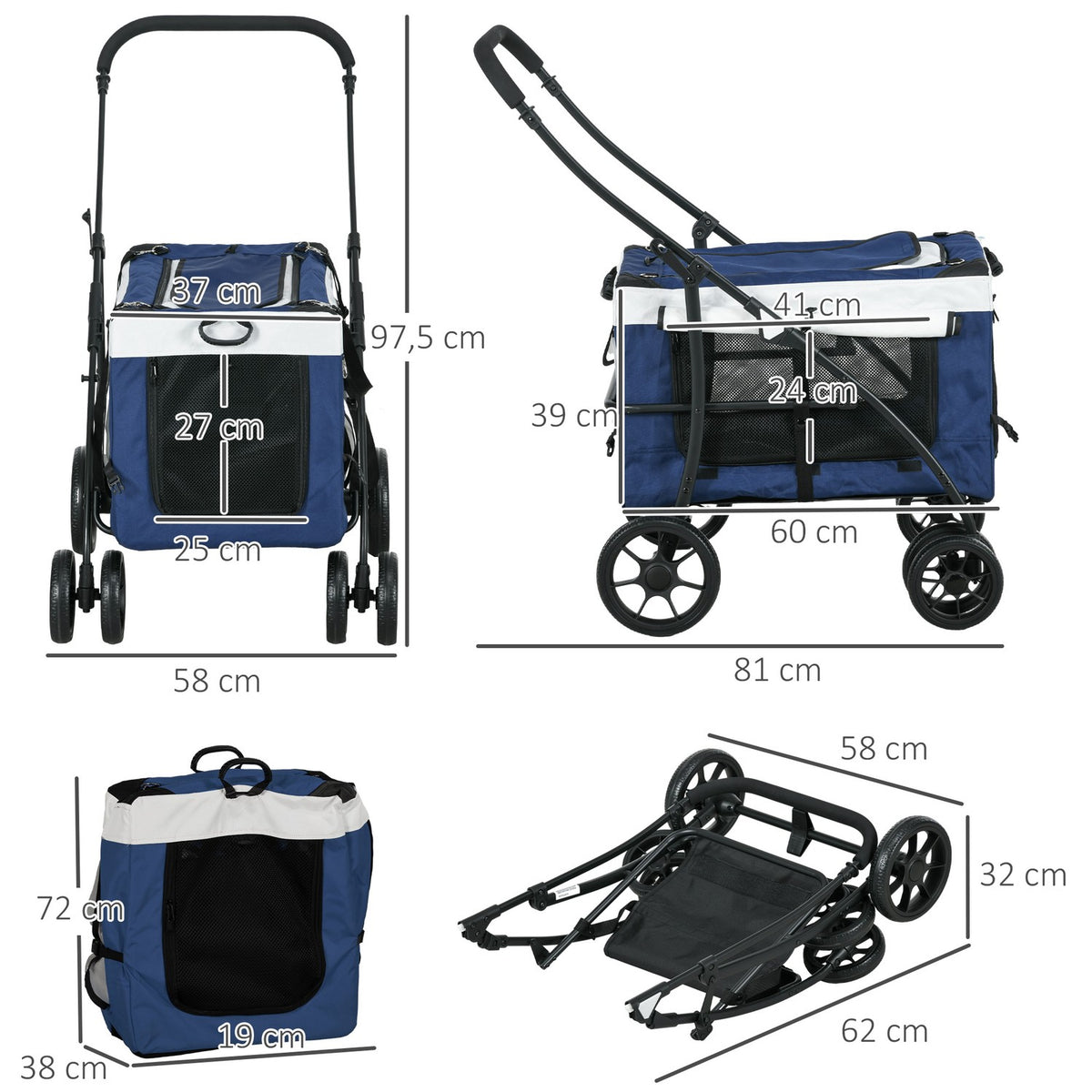 2 In 1 Dog Buggy Pet Cart Dog Trolley With Removable Basket, 2 Safety Leashes Foldable For Small And Miniature Dogs, Oxford, Blue