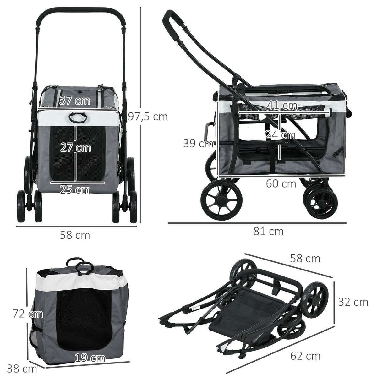2 In 1 Dog Buggy Pet Cart Dog Trolley With Removable Basket, 2 Safety Leashes Folding Cat Cart For Small And Miniature Dogs