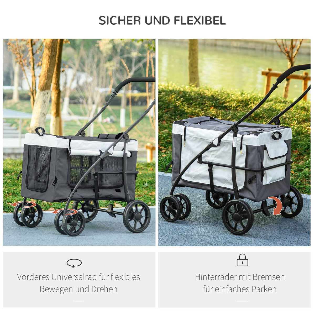 2 In 1 Dog Buggy Pet Cart Dog Trolley With Removable Basket, 2 Safety Leashes Folding Cat Cart For Small And Miniature Dogs