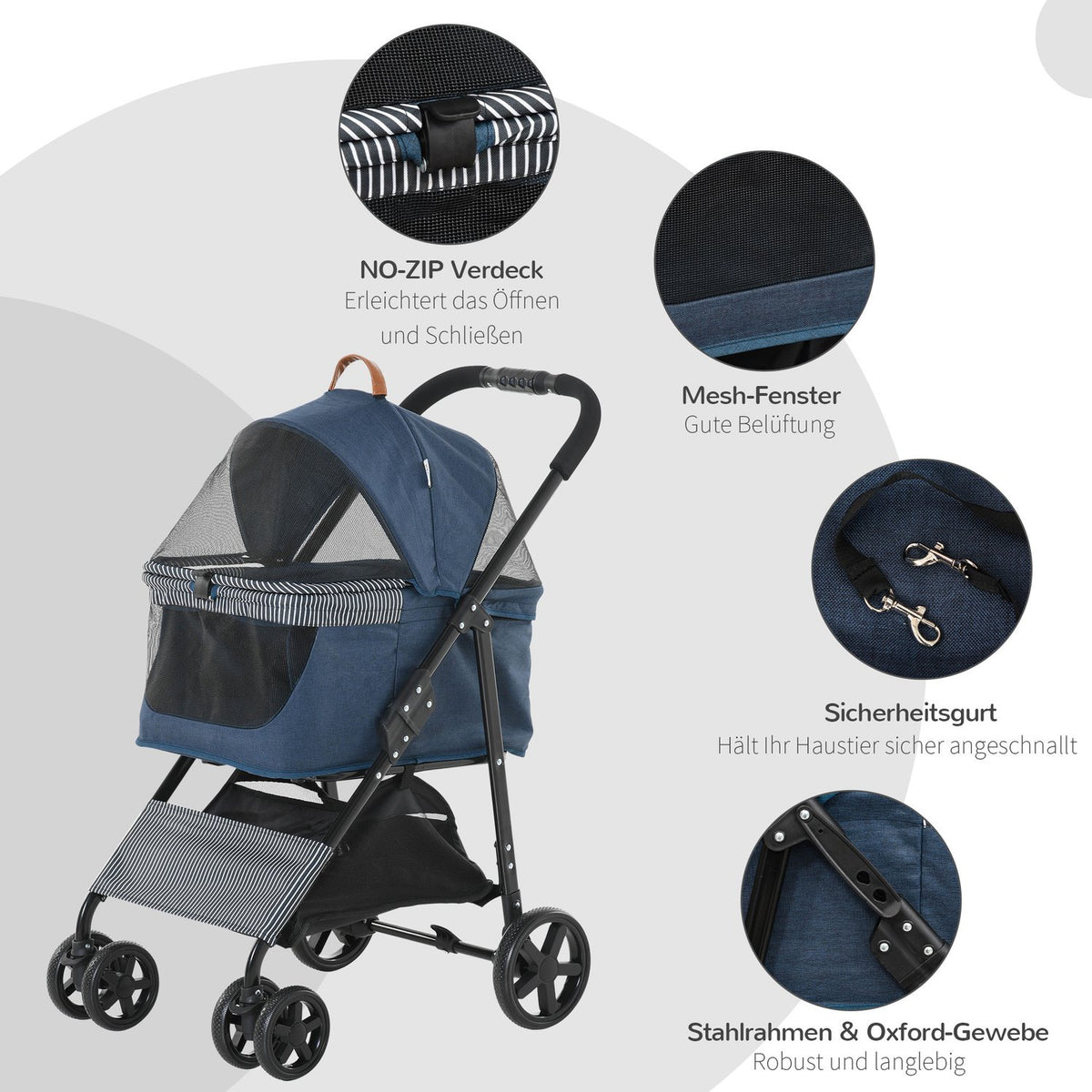 2-In-1 Dog Buggy Transport Bag Cat Buggy With Universal Wheel Removable Cover Oxford Dark Blue + Black 77.5 X 51 X 99.5 Cm
