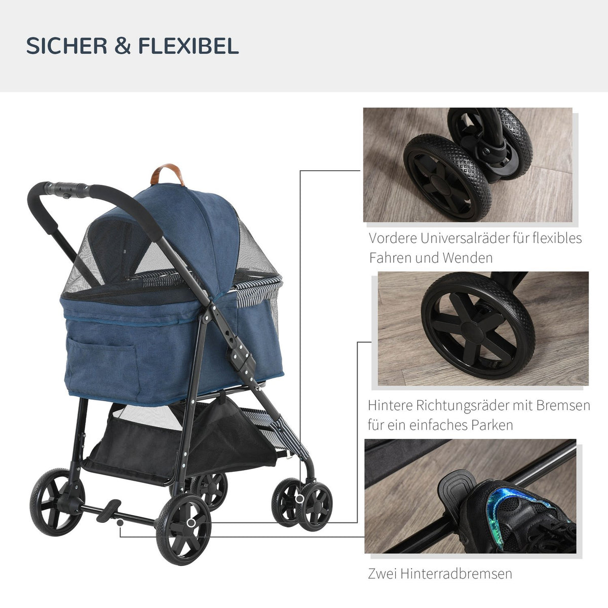 2-In-1 Dog Buggy Transport Bag Cat Buggy With Universal Wheel Removable Cover Oxford Dark Blue + Black 77.5 X 51 X 99.5 Cm