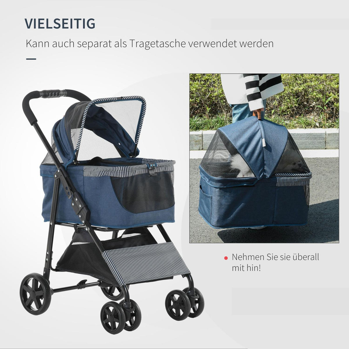 2-In-1 Dog Buggy Transport Bag Cat Buggy With Universal Wheel Removable Cover Oxford Dark Blue + Black 77.5 X 51 X 99.5 Cm