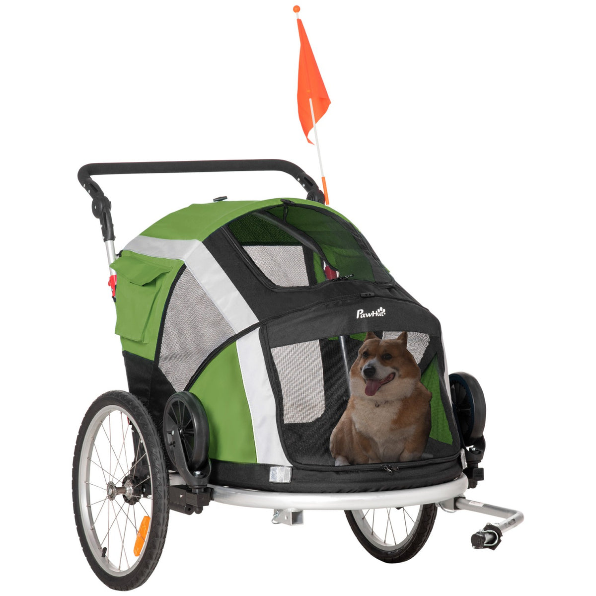 2-In-1 Dog Trailer Folding Pet Bicycle Trailer & Dog Carrier, Oxford Cloth, Green+Silver, 150X82X108Cm