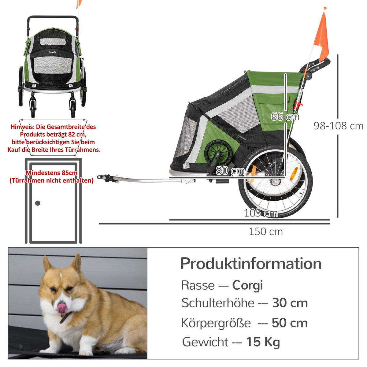 2-In-1 Dog Trailer Folding Pet Bicycle Trailer & Dog Carrier, Oxford Cloth, Green+Silver, 150X82X108Cm