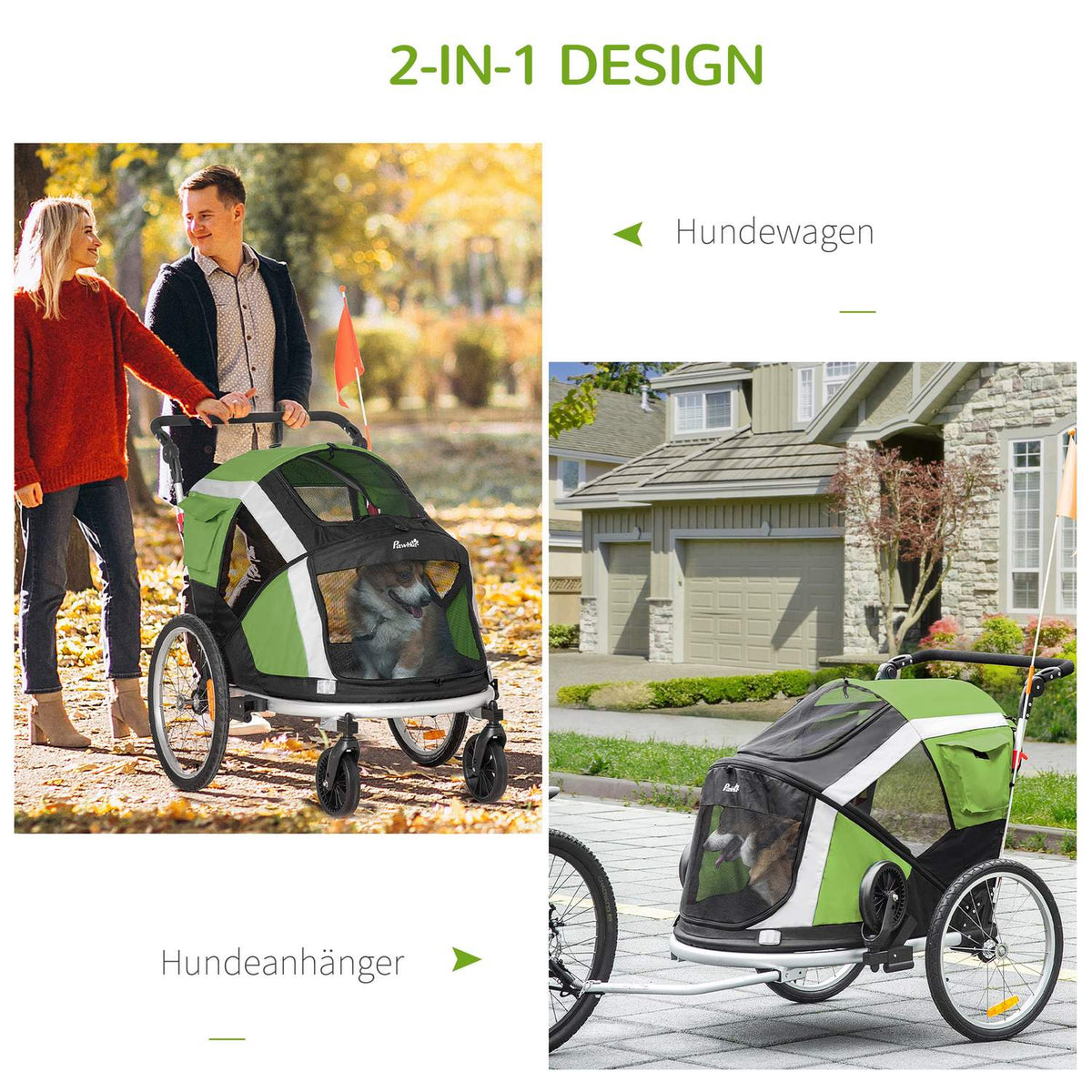 2-In-1 Dog Trailer Folding Pet Bicycle Trailer & Dog Carrier, Oxford Cloth, Green+Silver, 150X82X108Cm