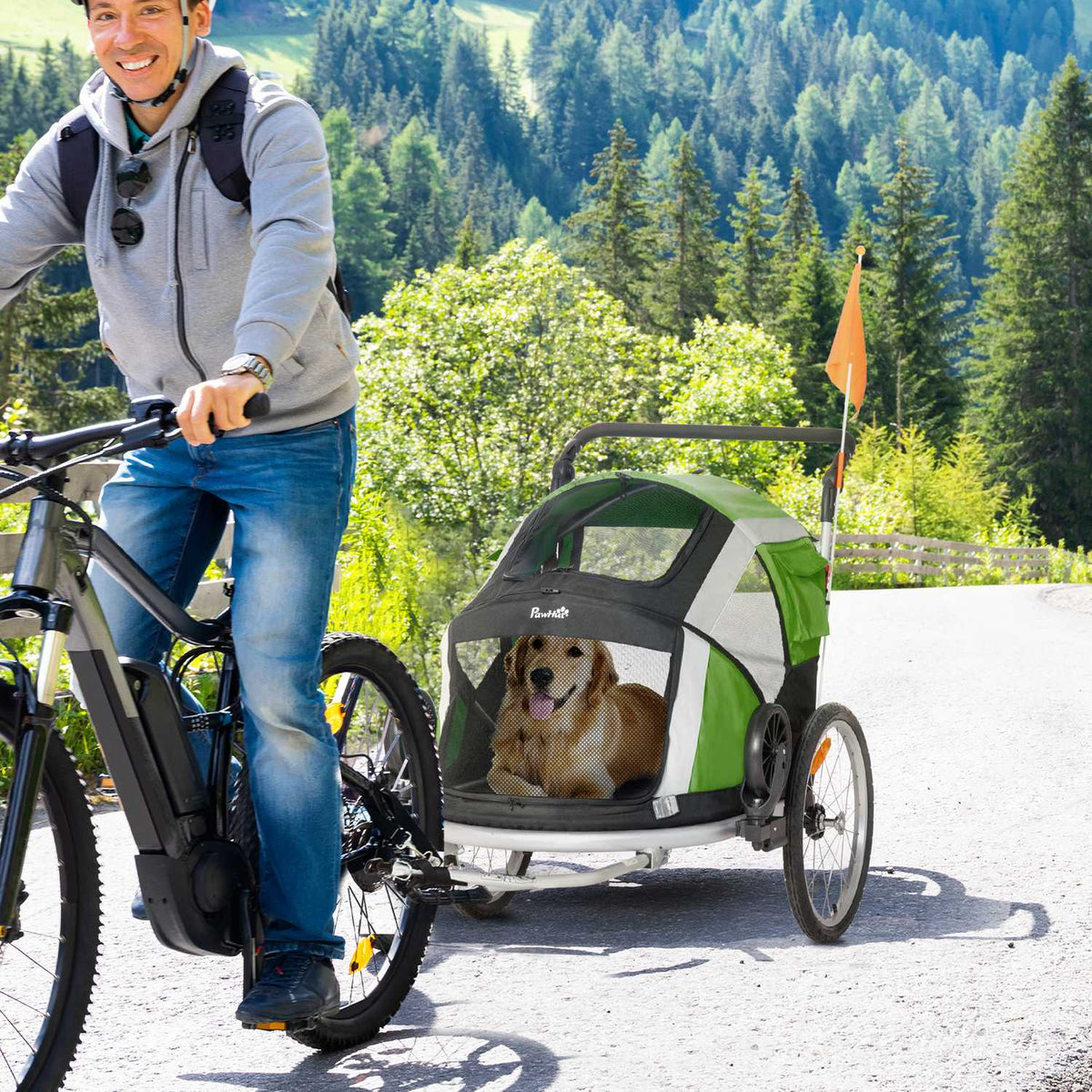 2-In-1 Dog Trailer Folding Pet Bicycle Trailer & Dog Carrier, Oxford Cloth, Green+Silver, 150X82X108Cm