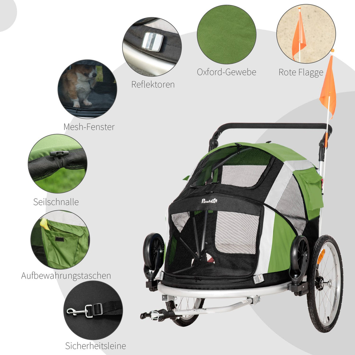2-In-1 Dog Trailer Folding Pet Bicycle Trailer & Dog Carrier, Oxford Cloth, Green+Silver, 150X82X108Cm