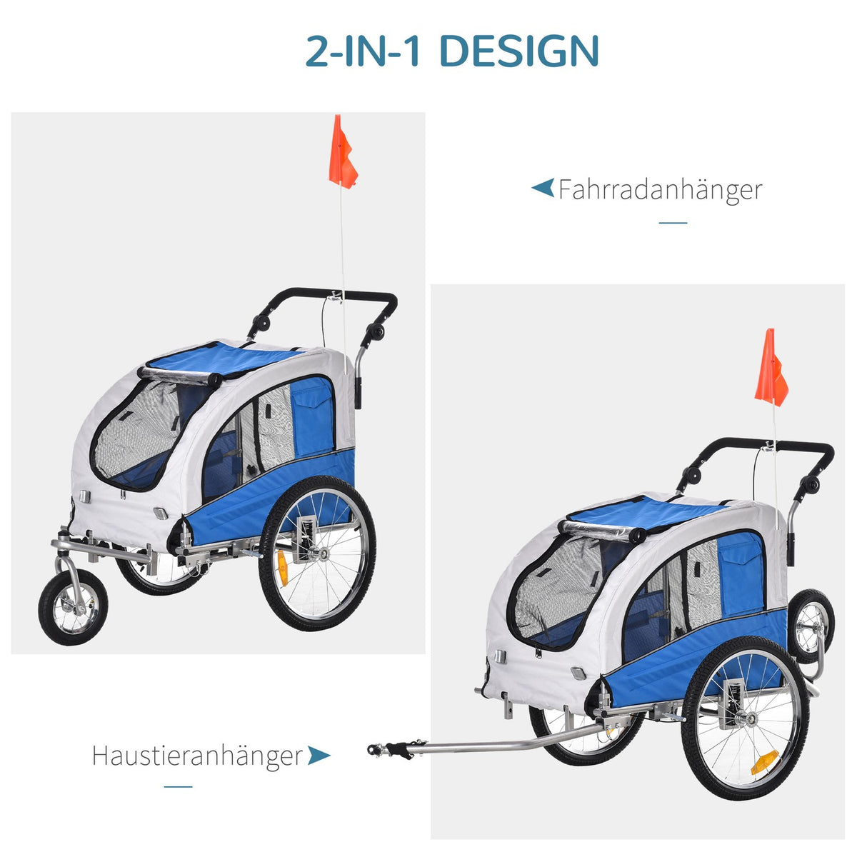 2 In 1 Dog Trailer Jogger Bicycle Trailer Dog Bicycle Trailer Blue + Gray 155 X 83 X 108 Cm