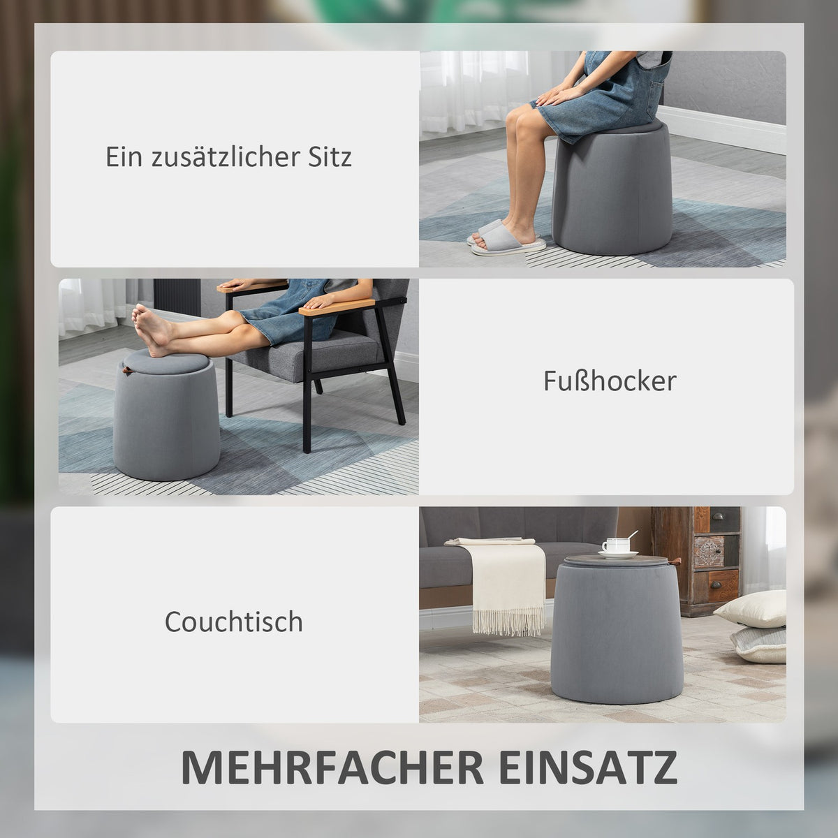 2-In-1 Ottoman Round Stool In Velvet Look With Storage Space, Gray, Removable Lid, Ø44Cm X 47.5Cm, As A Side Table