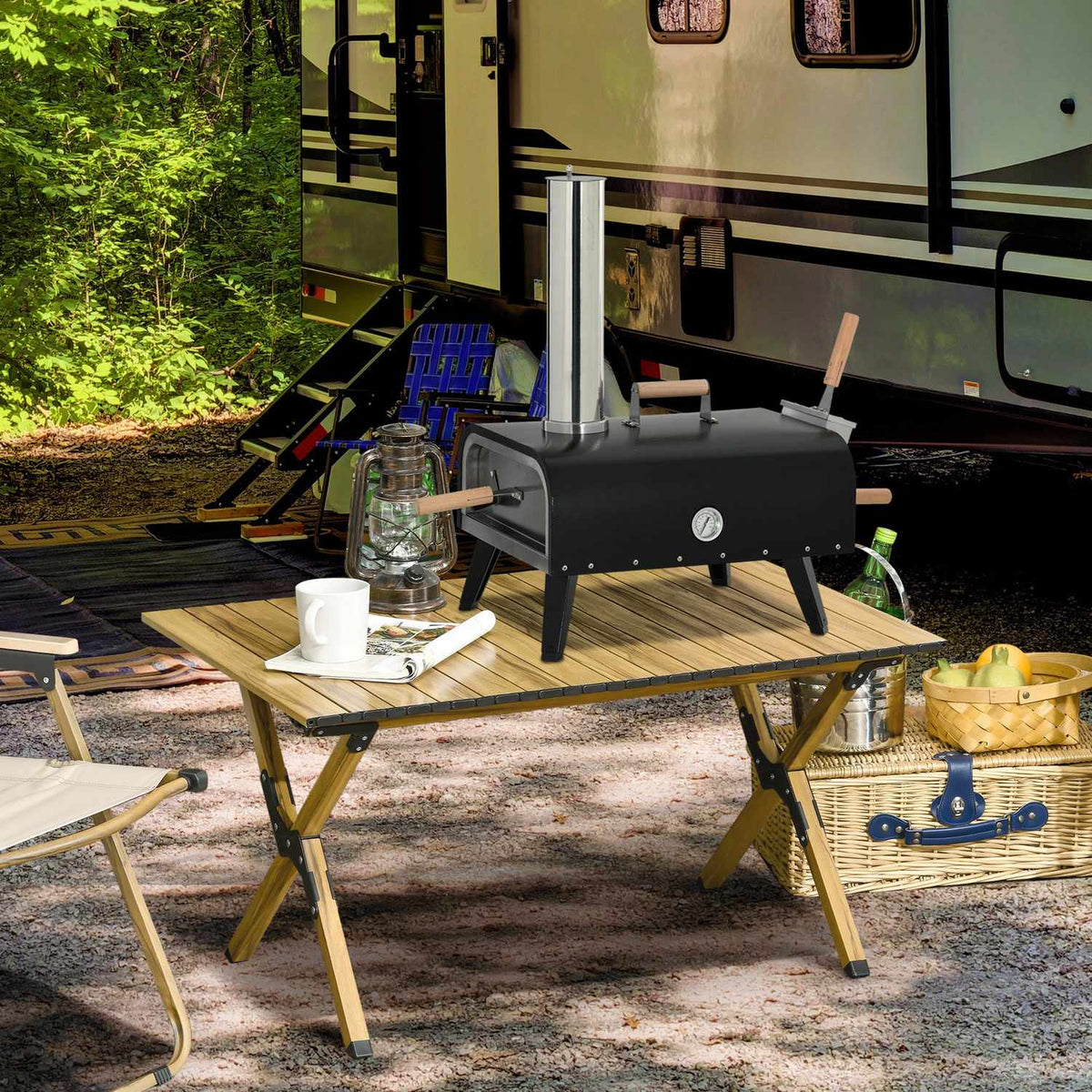 2-In-1 Pizza Oven, Wood-Fired Oven With Pizza Stone, Pizza Shovel, Pizza Peel, Foldable, Steel, Black, Outdoor Bbq