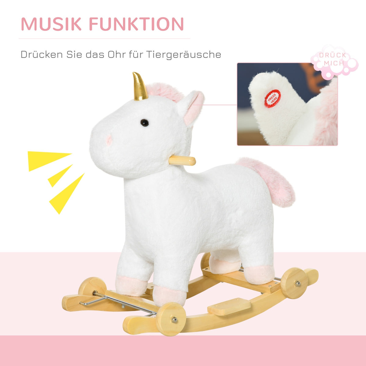 2-In-1 Rocking Horse With Wheels Plush Rocking Animal Toy For Children, White, 63X38X63Cm