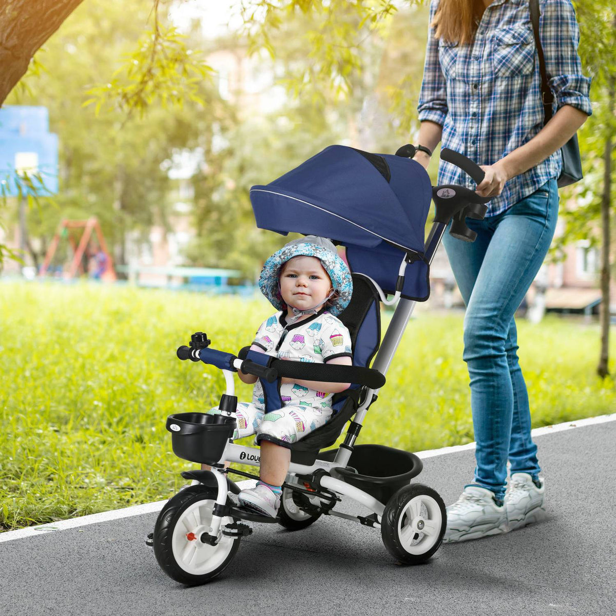2-In-1 Tricycle Push Bar Children'S Tricycle Seat Belt Foldable Sun Canopy Drink Holder Basket Pedal 1-5 Years Blue