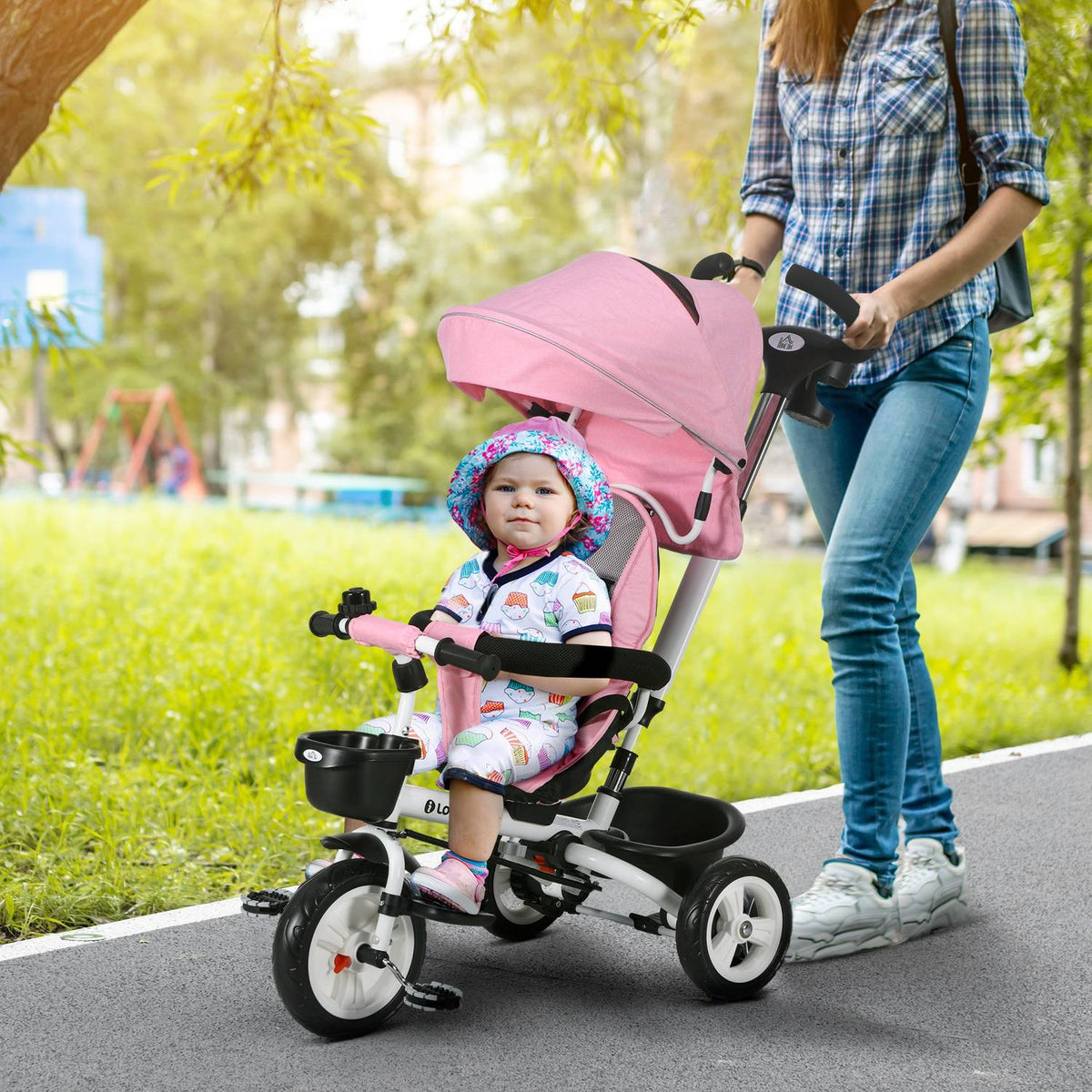 2-In-1 Tricycle Push Bar Children'S Tricycle Seat Belt Foldable Sun Canopy Drink Holder Basket Pedal 1-5 Years Pink