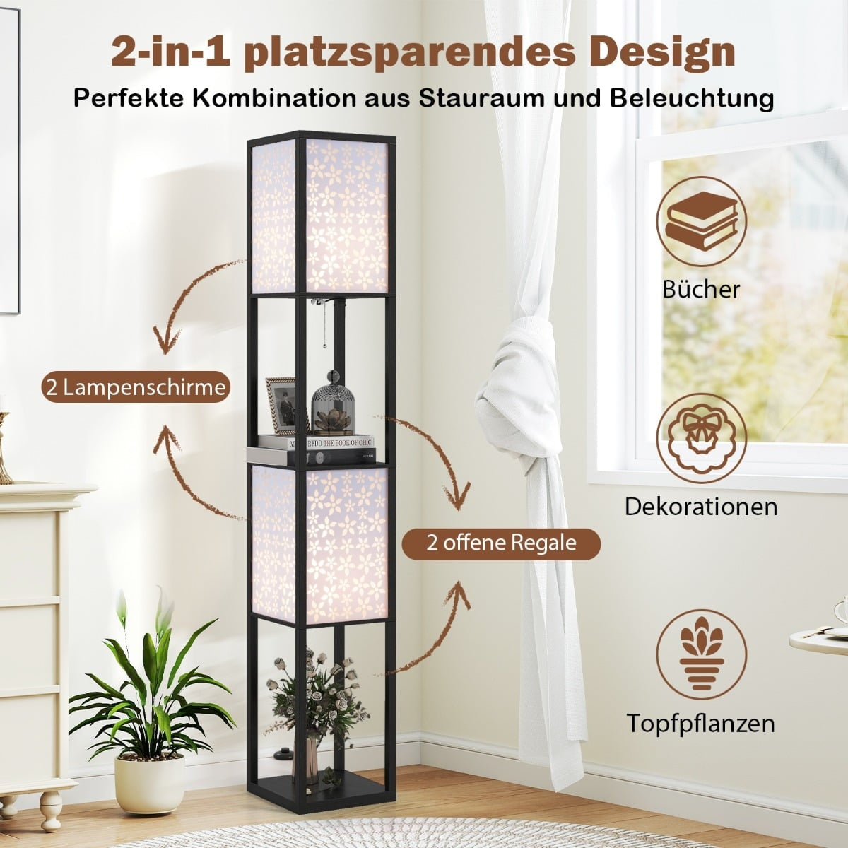 2-Light Floor Lamp with Shelves, Acrylic Shades