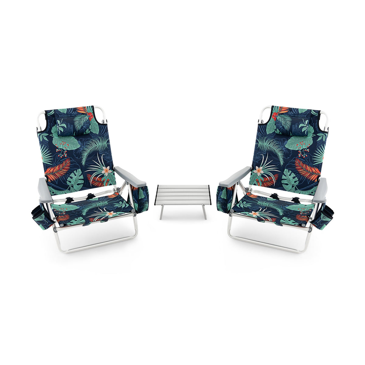 2-Pack Folding Reclining Beach Chair Set with Table