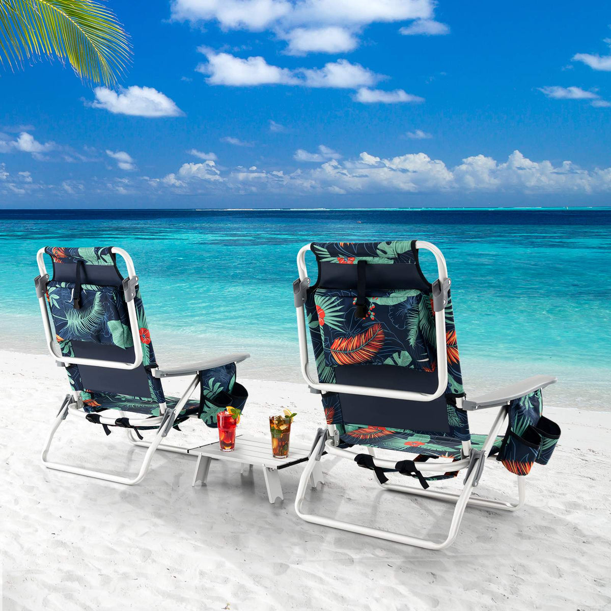 2-Pack Folding Reclining Beach Chair Set with Table