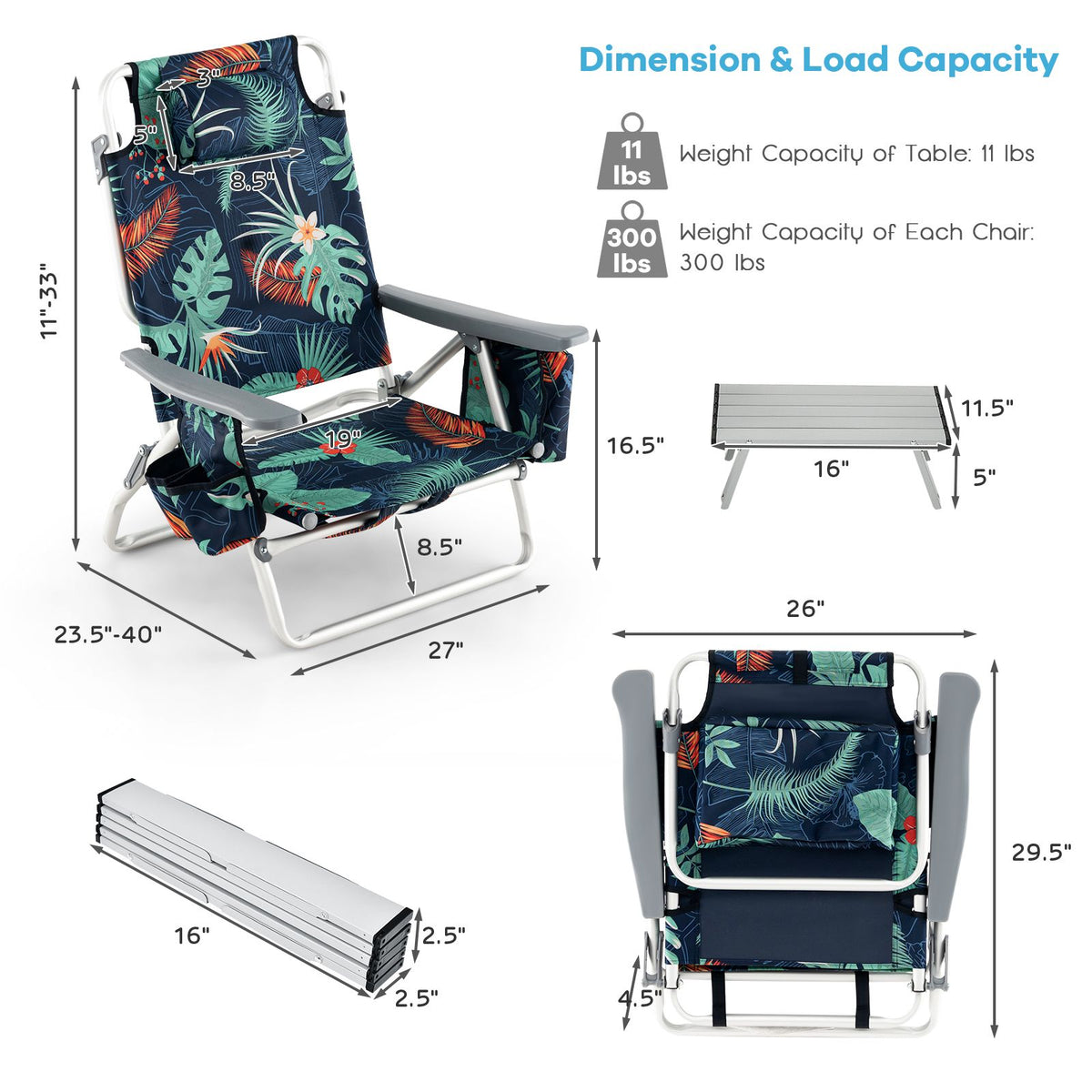 2-Pack Folding Reclining Beach Chair Set with Table
