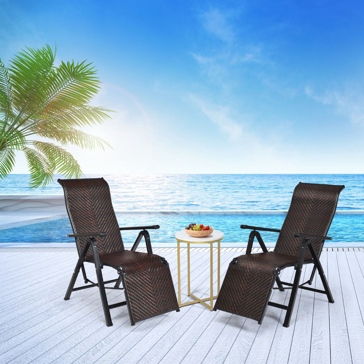 2-Pack PE Rattan Recliner Lounge Chairs, Adjustable Foldable