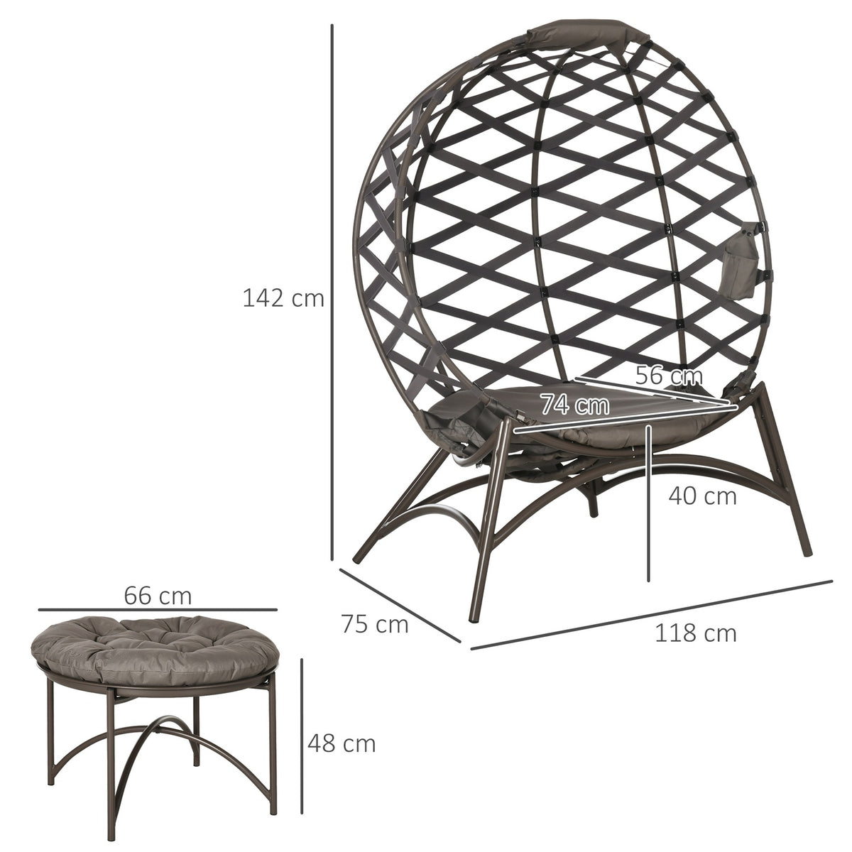 2 Pcs. Garden Chair Set, Wicker Chair With Foldable Seat Basket, Including 2-In-1 Stool, Cushion, Lounge Chair Steel, Sand, 118 X 75 X 142 Cm