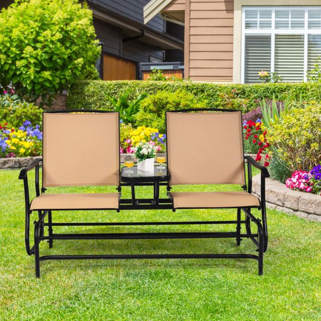 2-Person Outdoor Glider Chair with Mesh and Glass Table