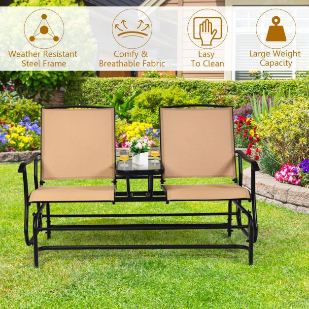 2-Person Outdoor Glider Chair with Mesh and Glass Table