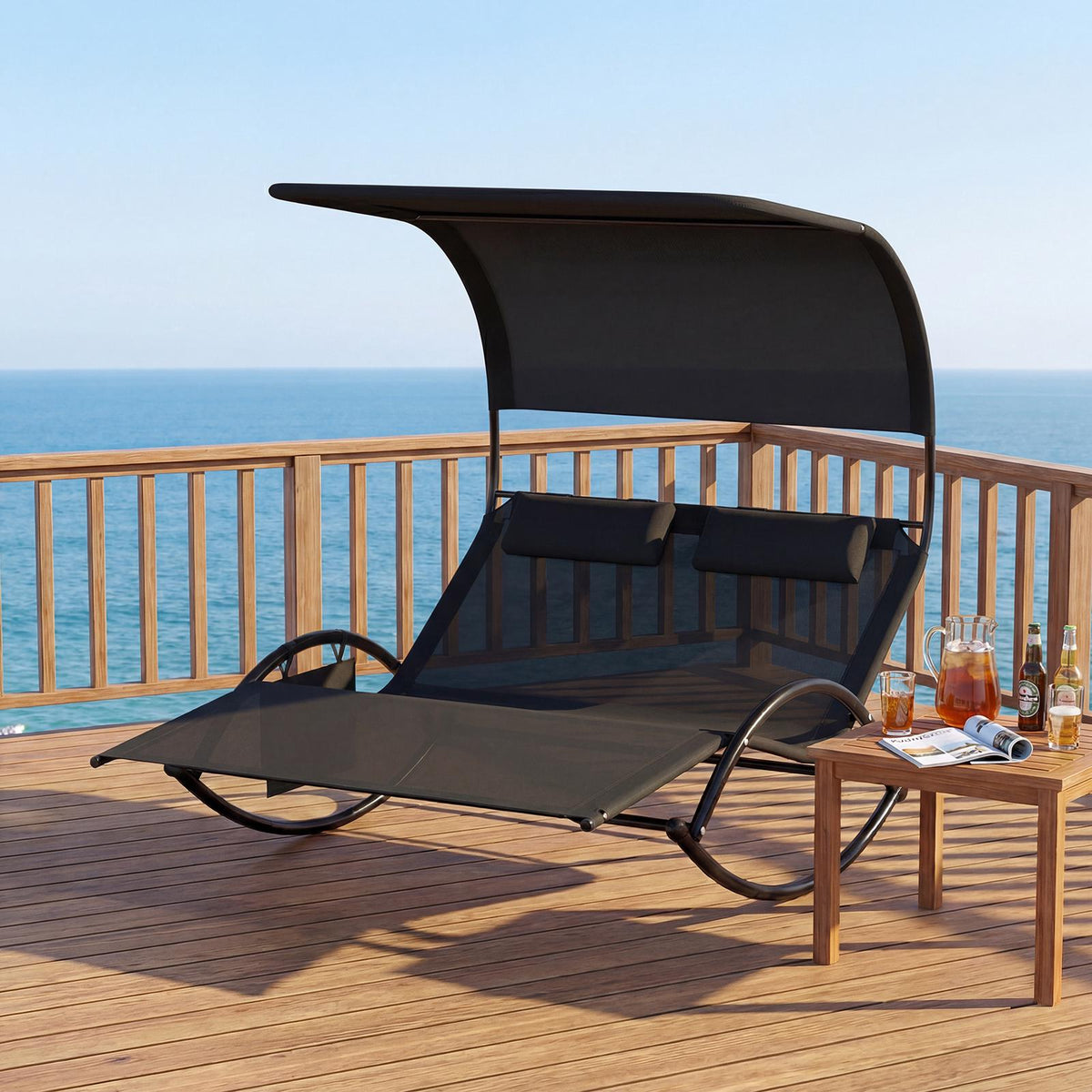2-Person Swing Sun Lounger With Canopy, Side Pocket, 2 Headrests