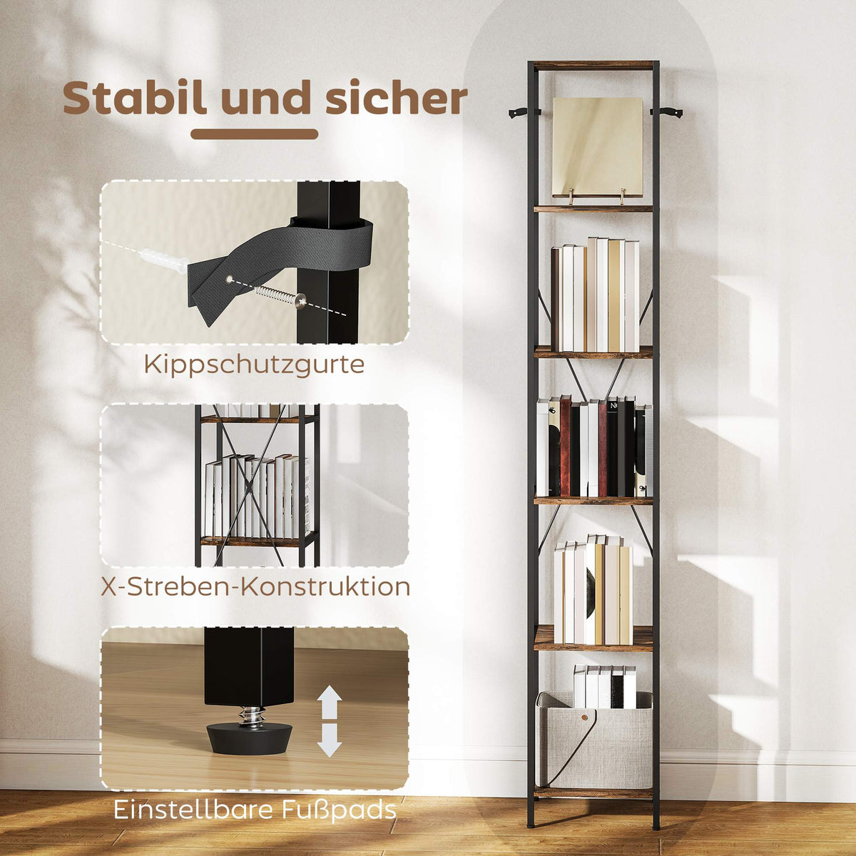 2-Piece 6-Tier Bookshelf Set, Steel Frame, Rustic Brown