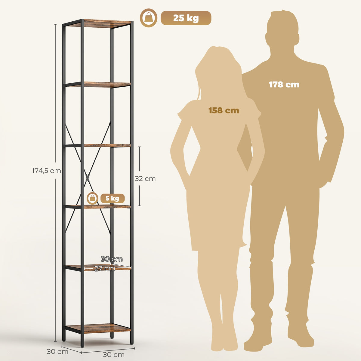 2-Piece 6-Tier Bookshelf Set, Steel Frame, Rustic Brown
