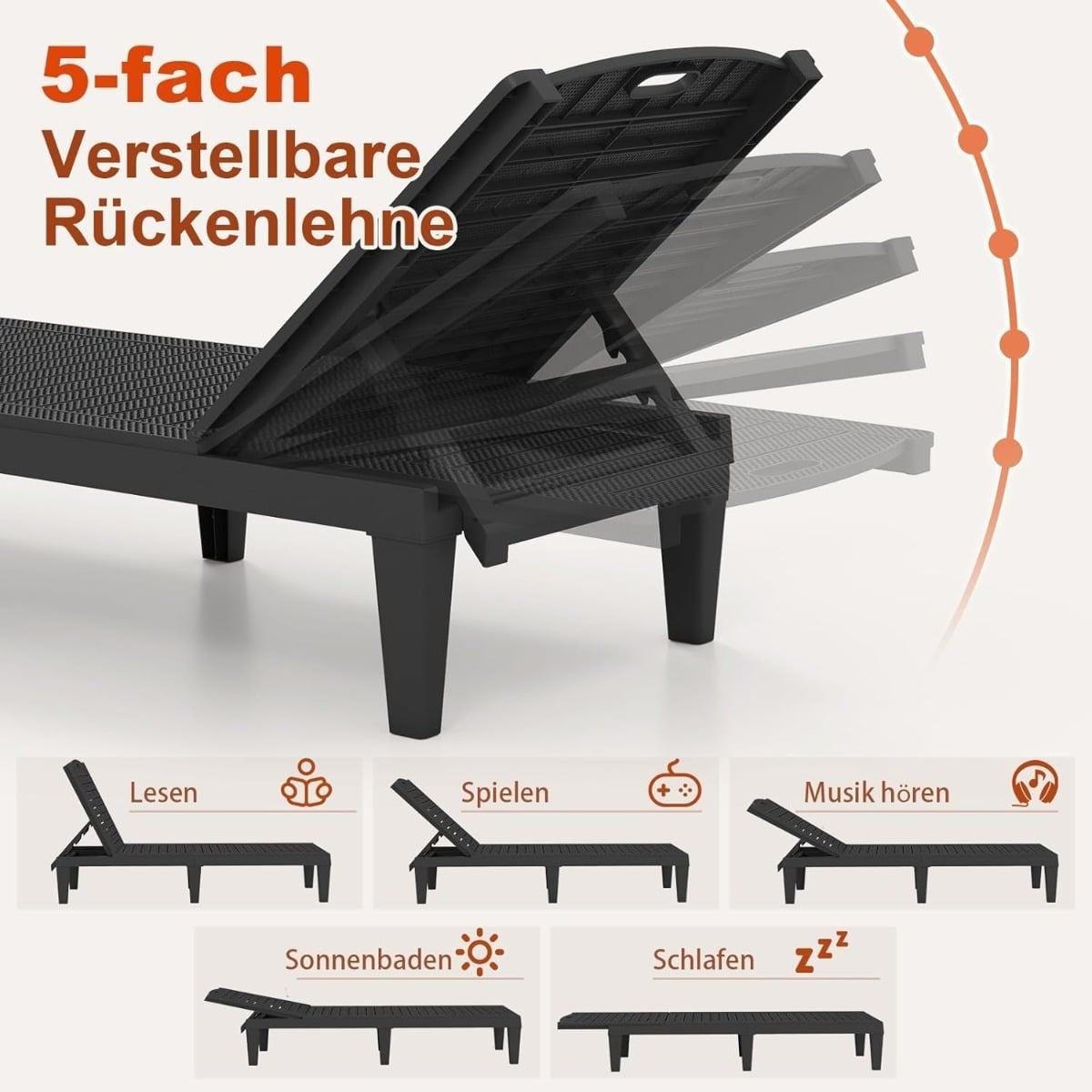 2-Piece Adjustable Reclining Sun Lounger Set, Black, Weatherproof