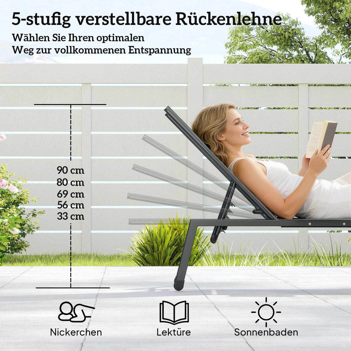 2-Piece Adjustable Sun Lounger Set with Side Table, Grey