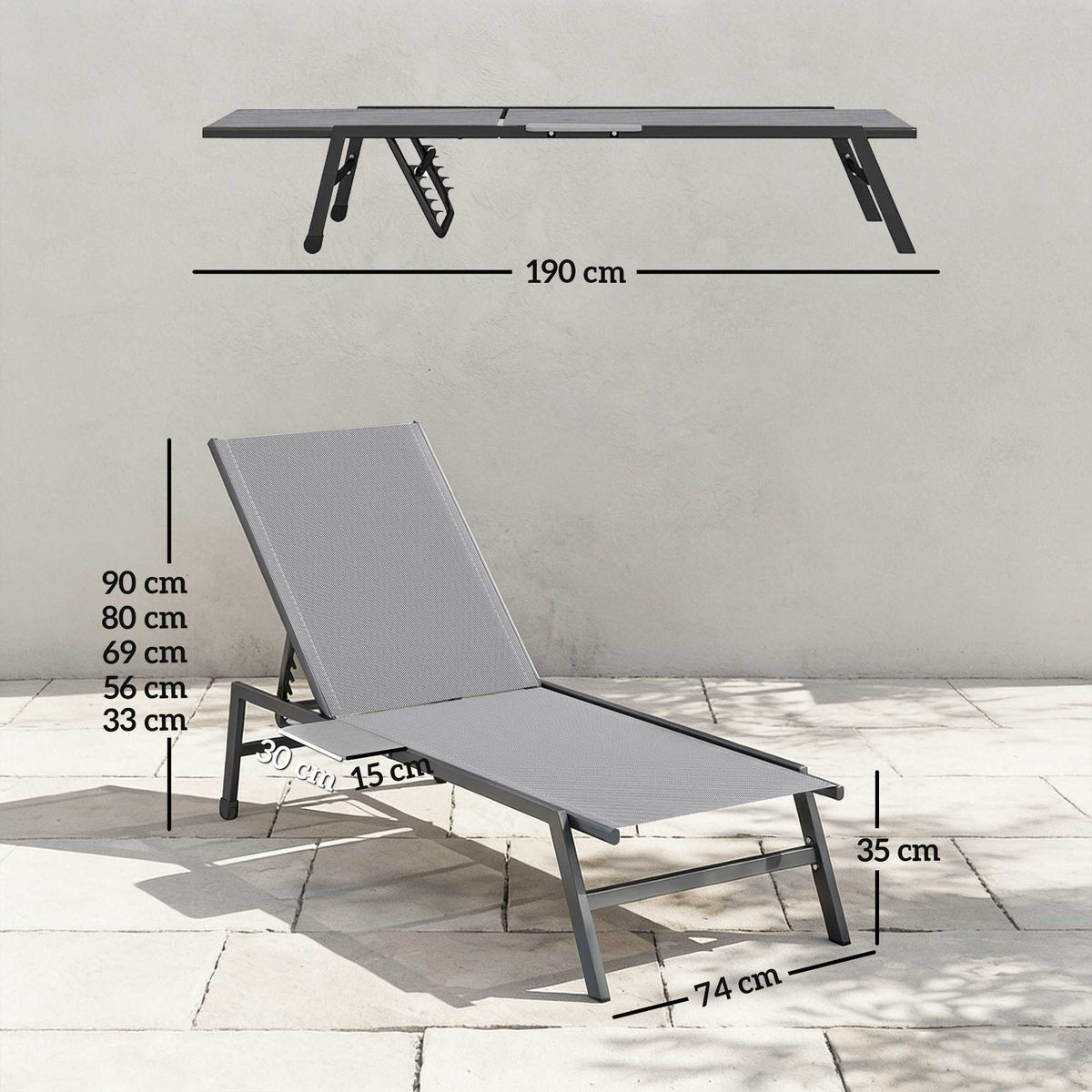 2-Piece Adjustable Sun Lounger Set with Side Table, Grey