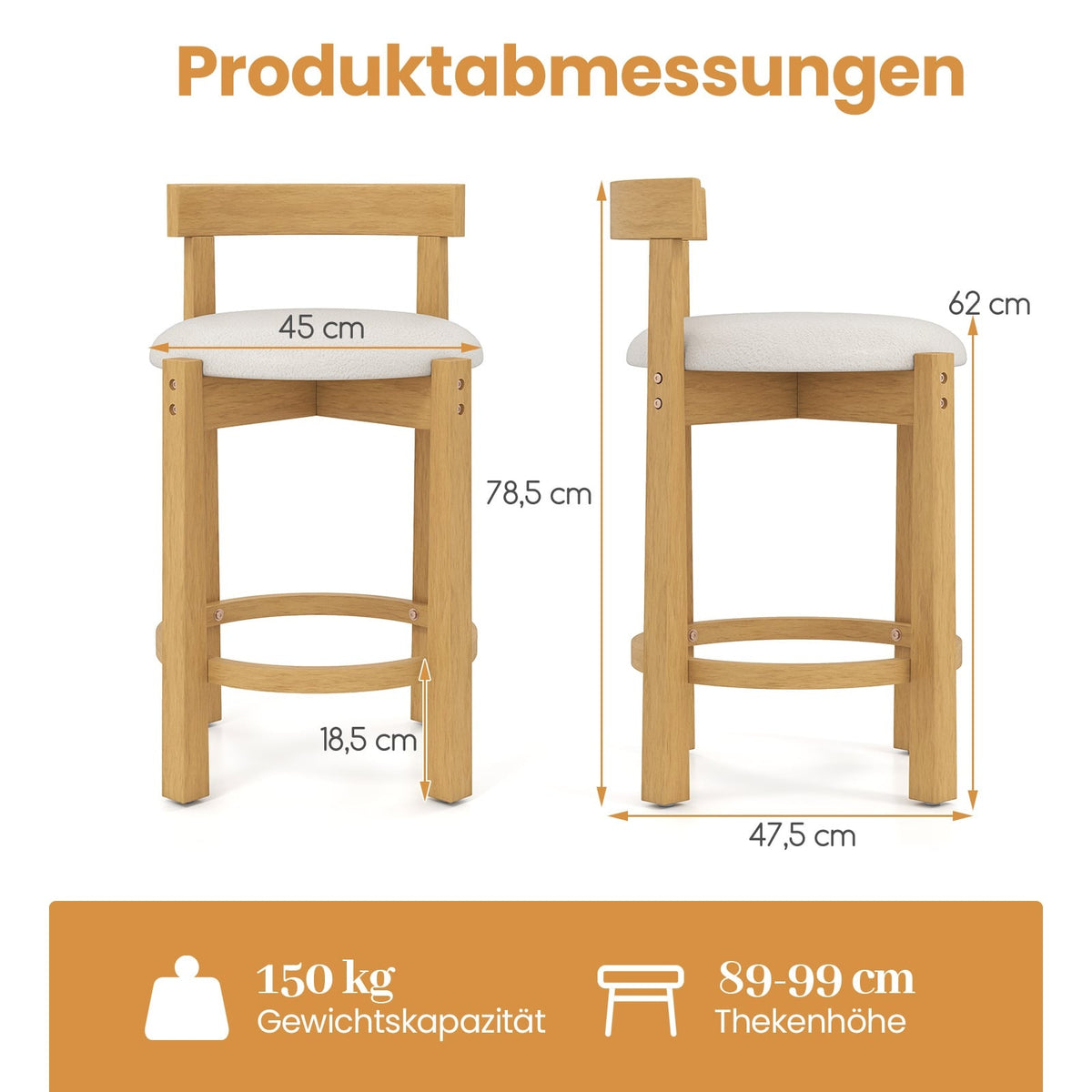 2-Piece Bar Stool Set, Wood, 62cm Seat Height, Natural