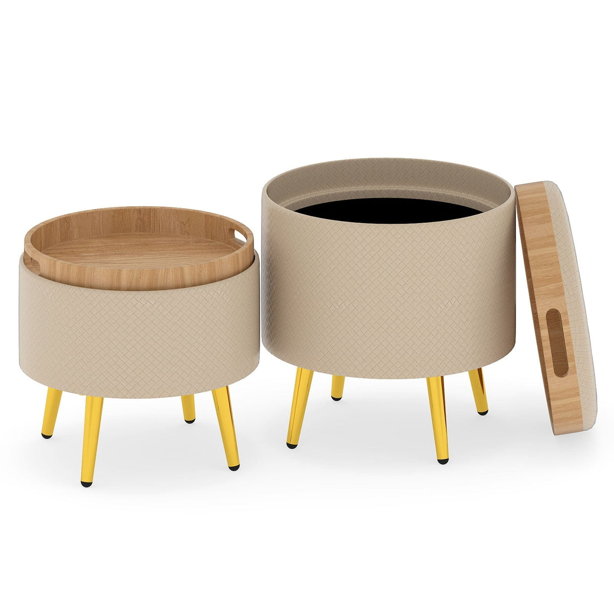 2-Piece Beige Faux Leather Storage Ottoman Set