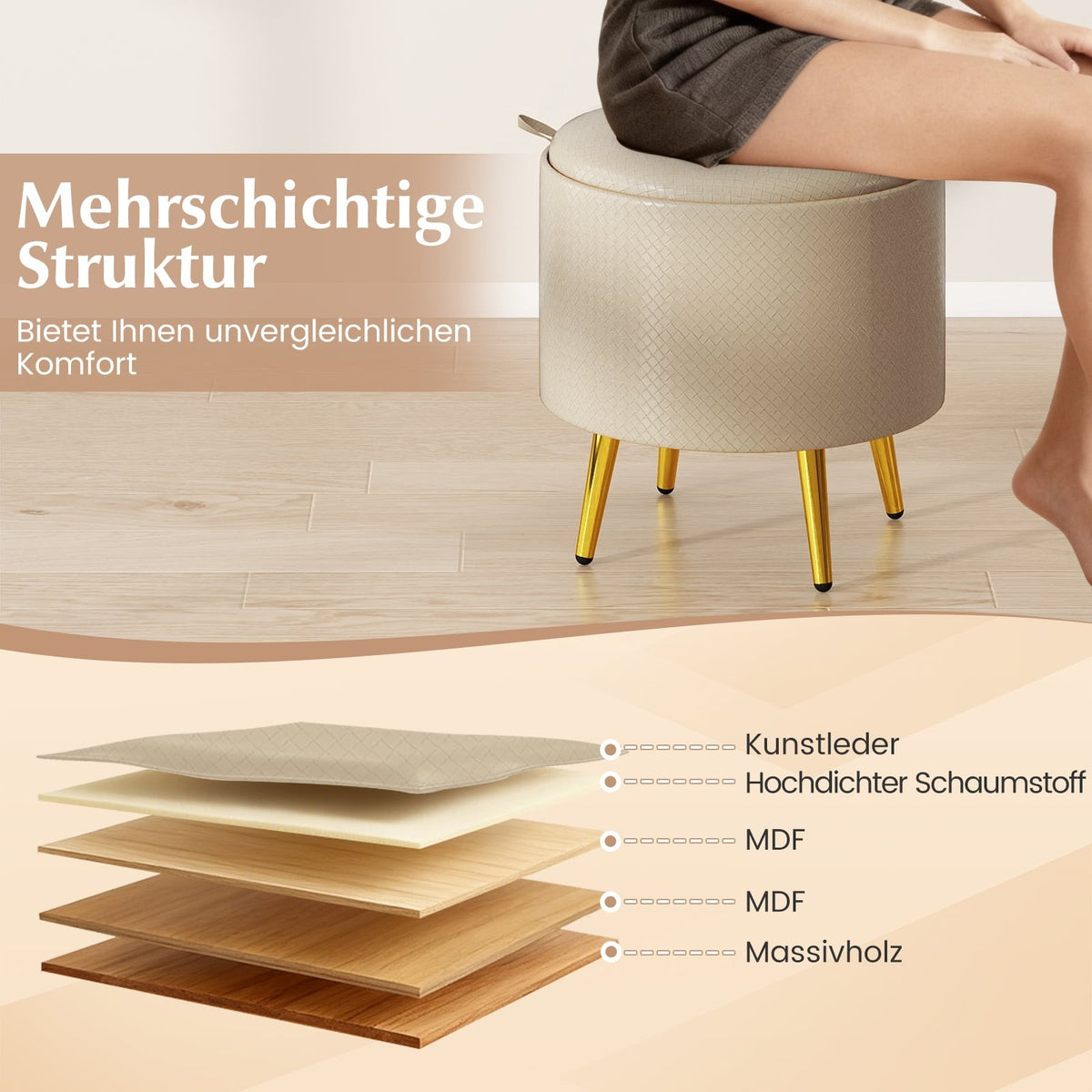 2-Piece Beige Faux Leather Storage Ottoman Set