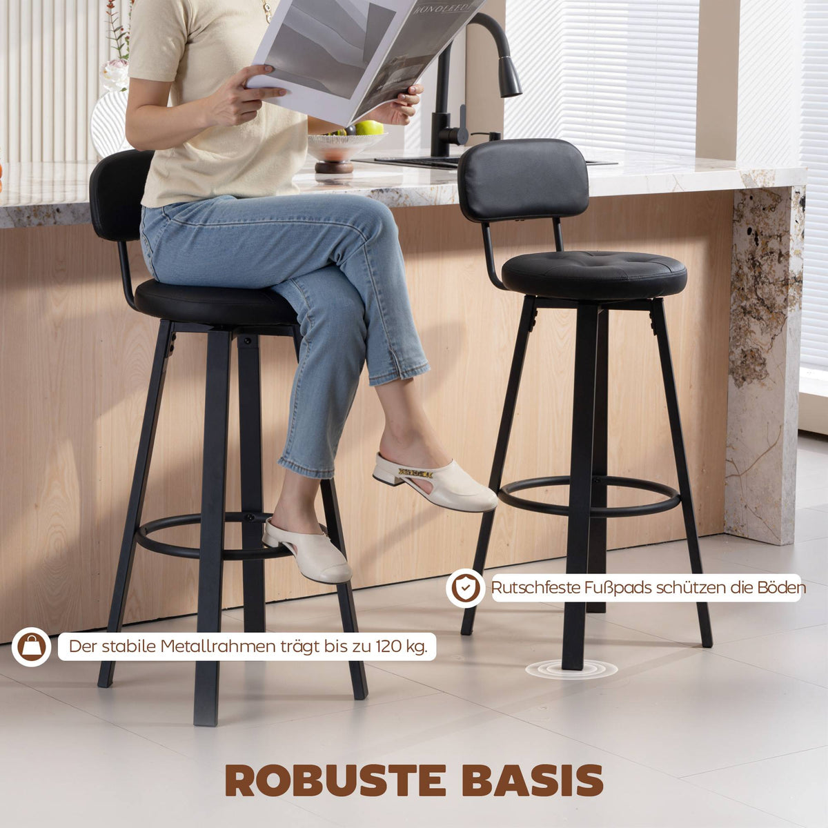 2-Piece Black Faux Leather Bar Stools, Swivel, Footrest