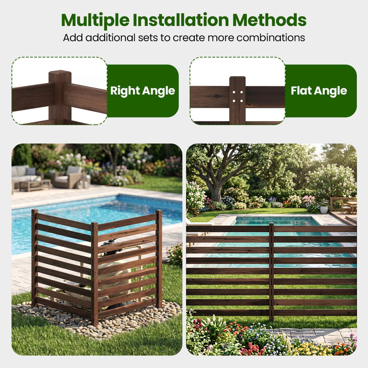 2-Piece Cedar Wood Garden Fence with Metal Posts, Brown