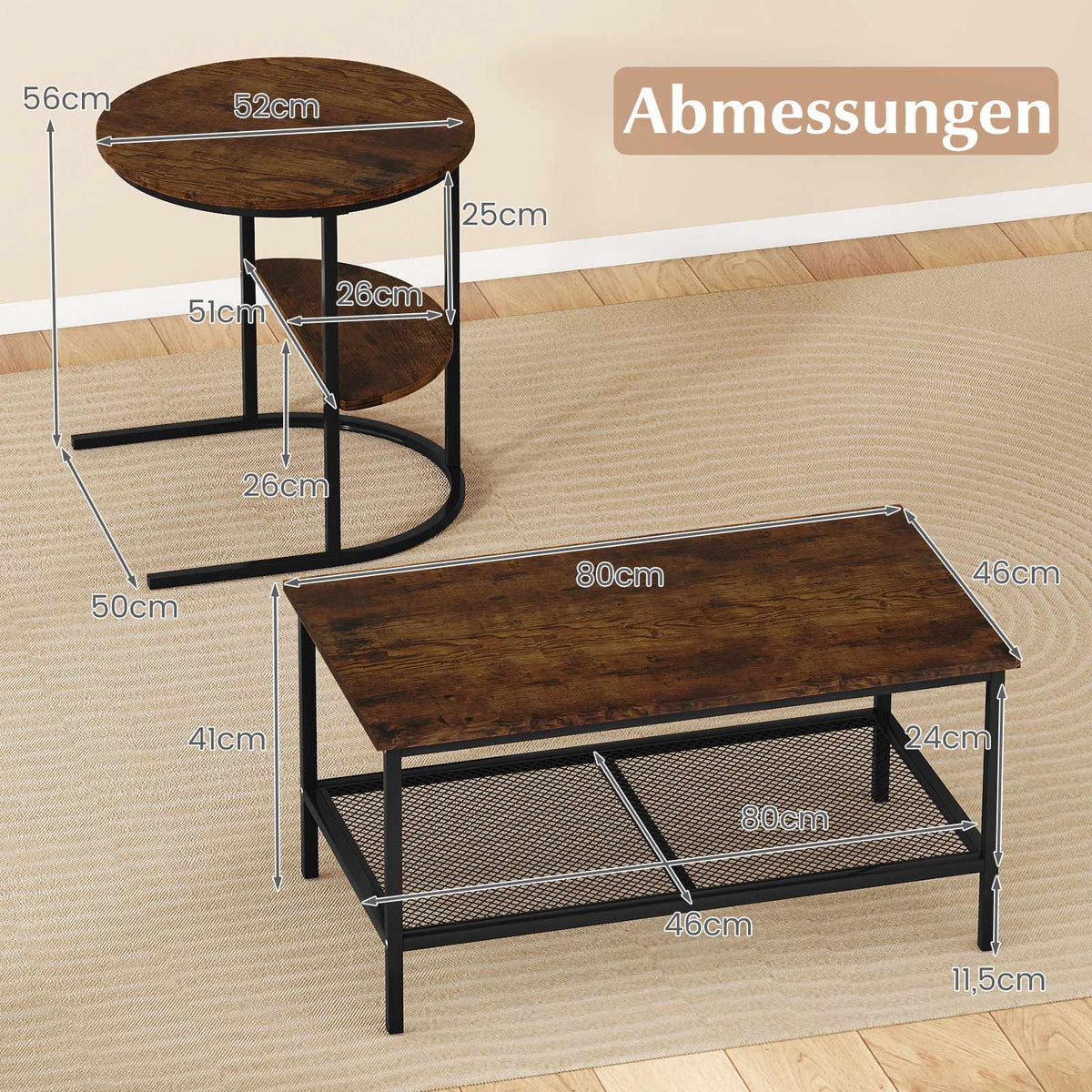 2-Piece Coffee Table Set with Faux Marble Tops, Brown