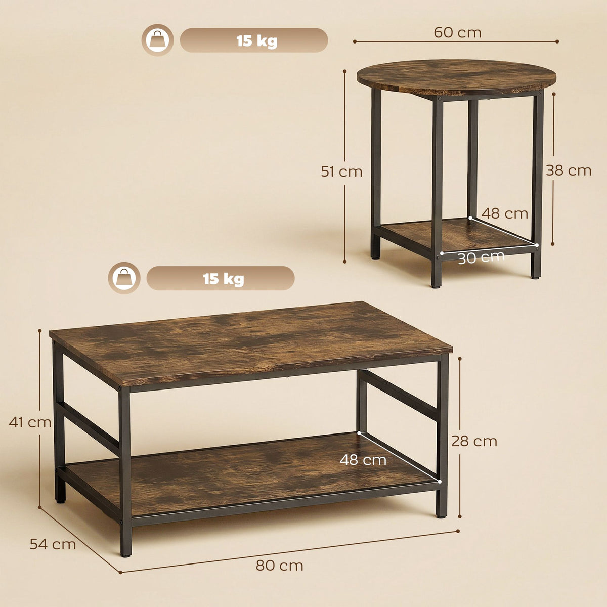 2-Piece Coffee Table Set with Storage, Rustic Brown