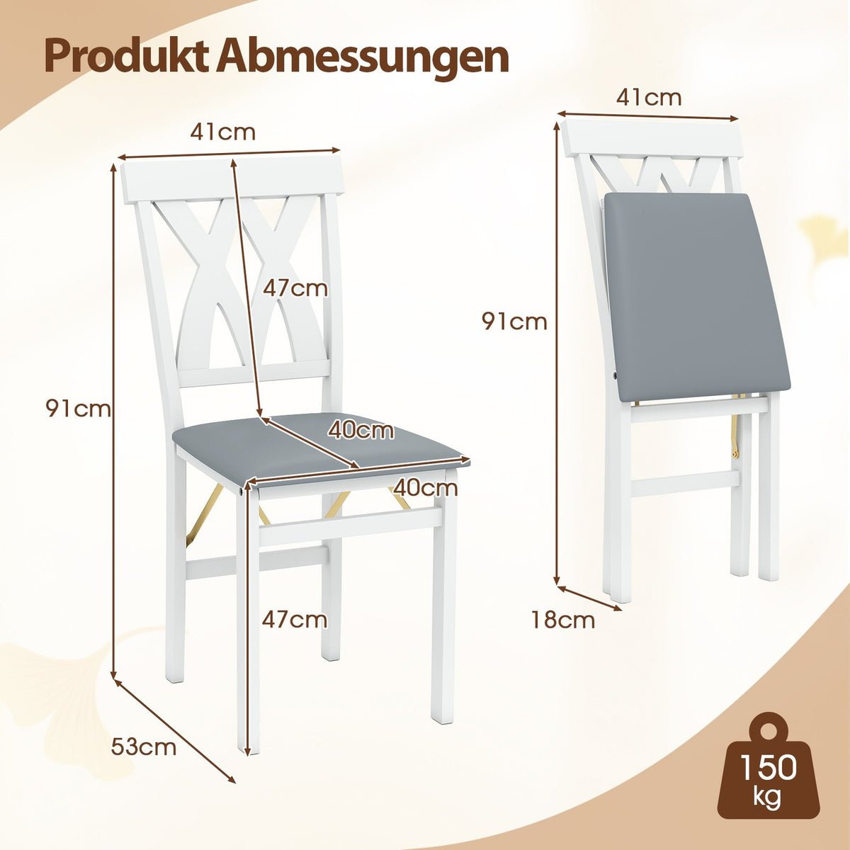 2-Piece Folding Dining Chairs, Padded Seat, White