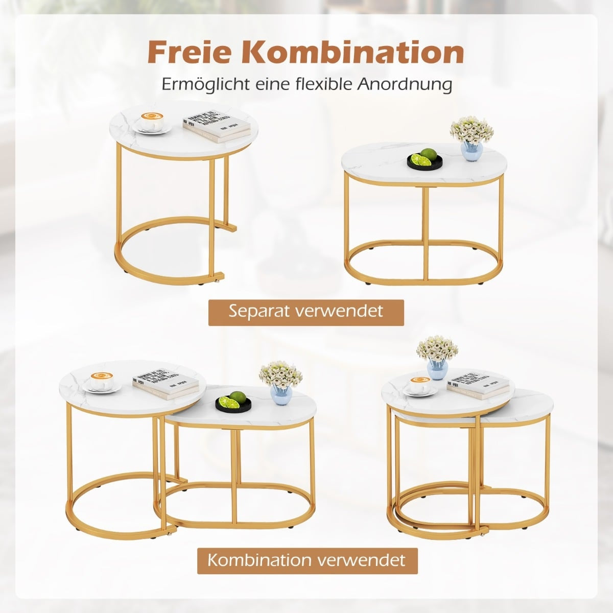 2-Piece Marble-Look Coffee Table Set with Gold Legs