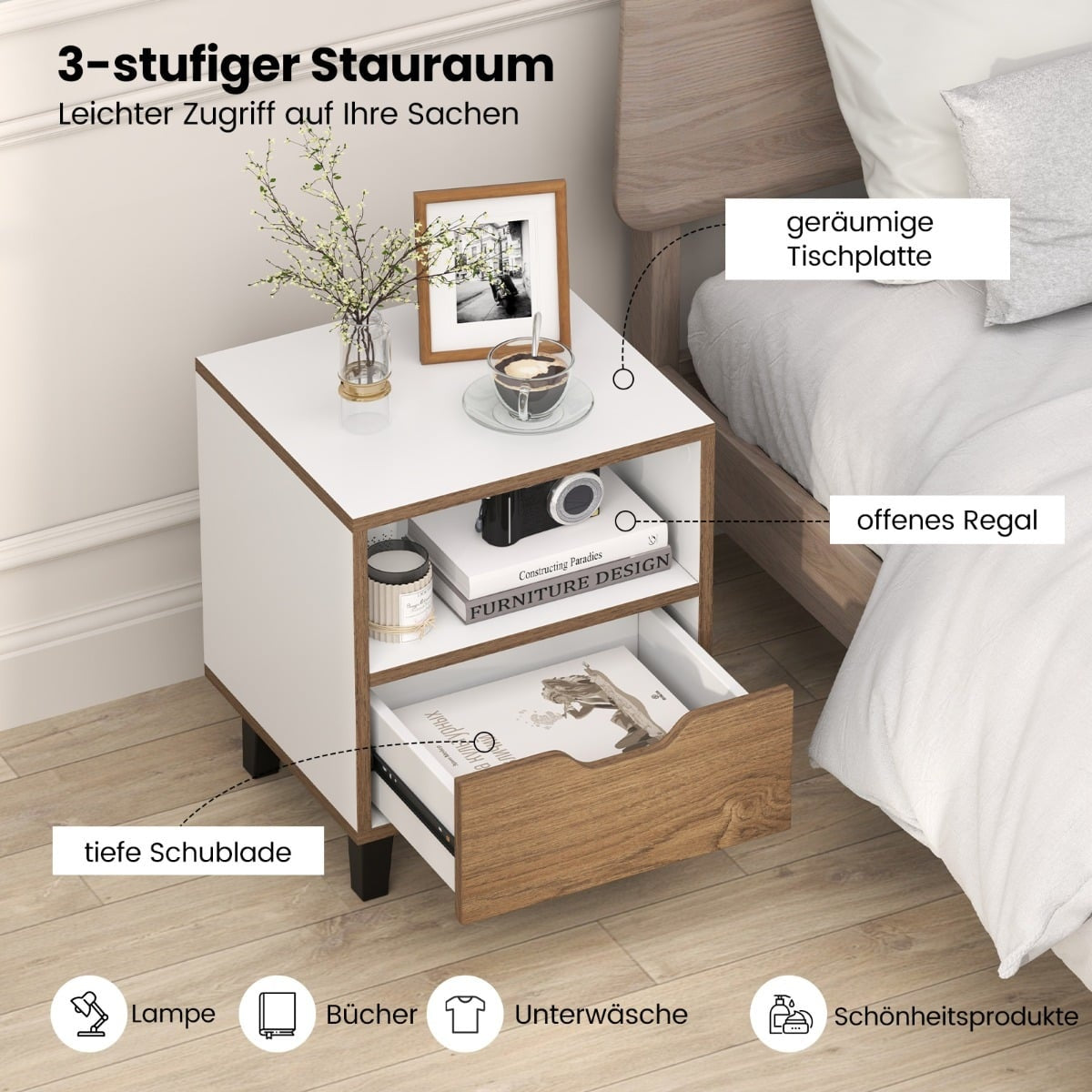 2-Piece Nightstand Set with Open Shelf & Drawer