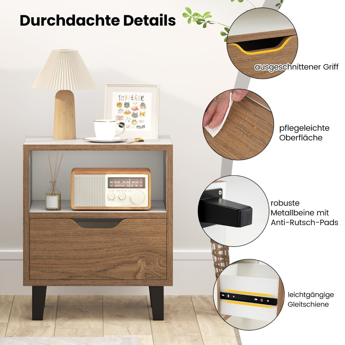 2-Piece Nightstand Set with Open Shelf & Drawer