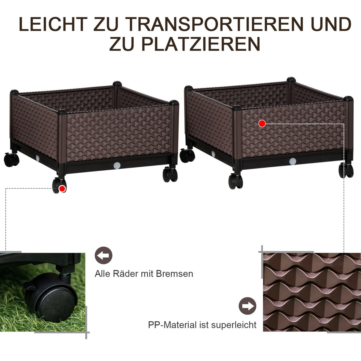 2-Piece Raised Bed With Wheels Diy Plant Box Set With Drain, Cold Frame Flower Box Made Of Plastic, Brown