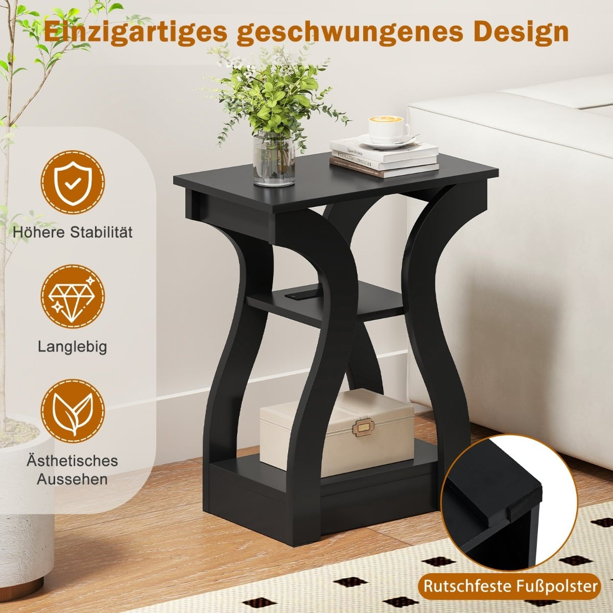 2-Piece Side Table Set with Charging Station, Black