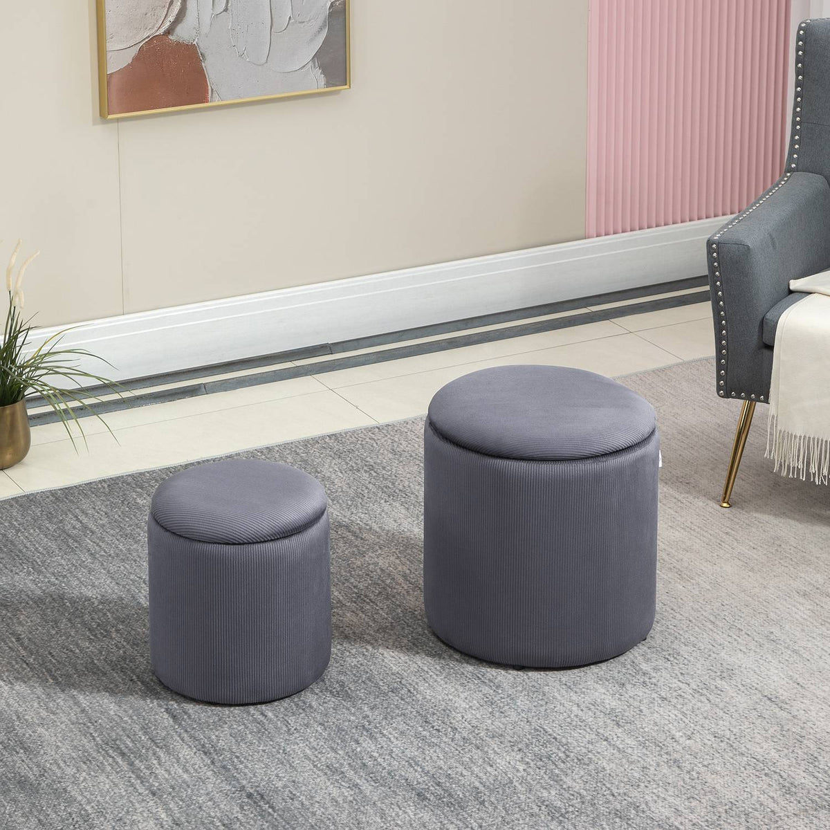 2-Seat Stool Ottoman With Storage Space In Cord Look, Gray, Removable Lid, 40X40X41Cm, For Living Room
