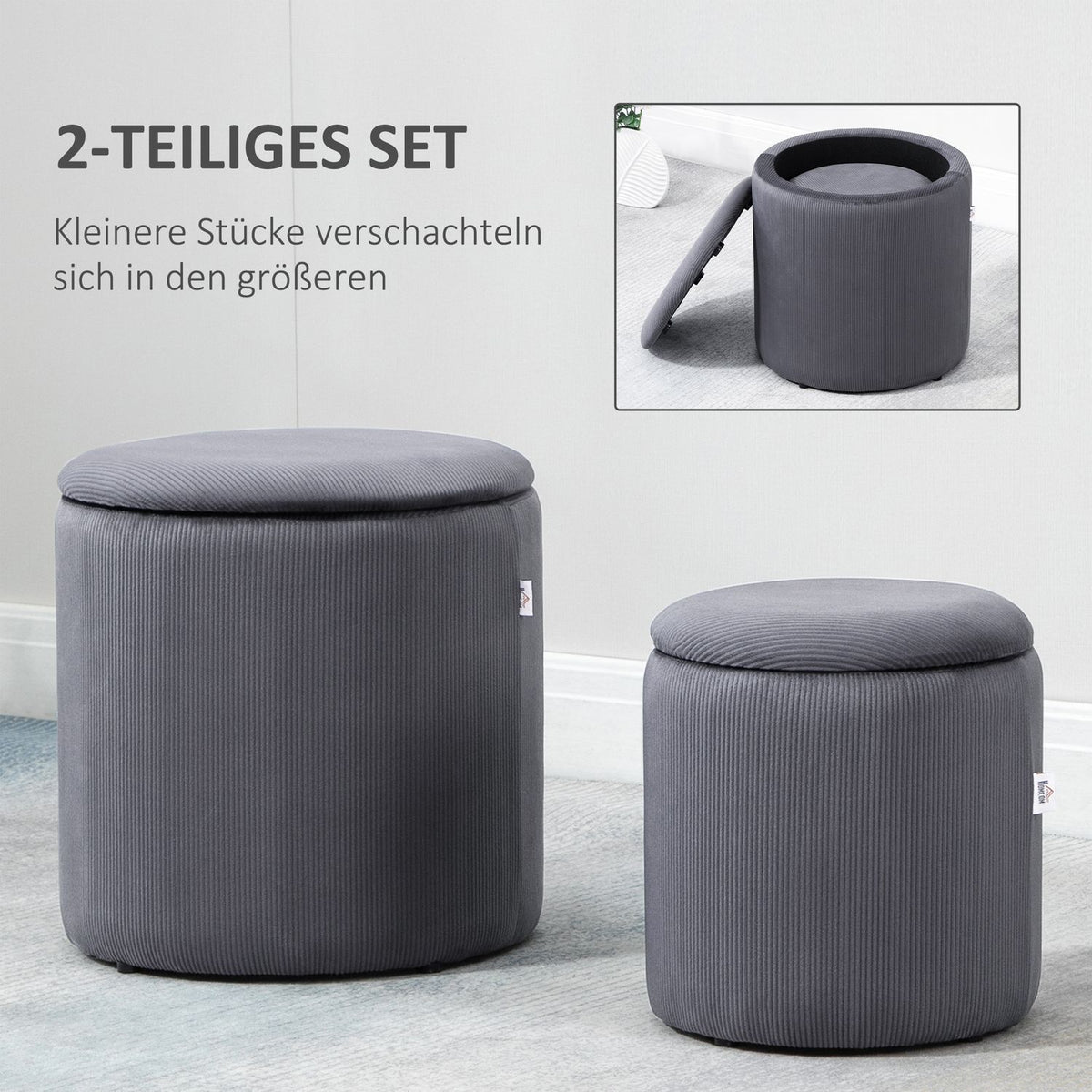 2-Seat Stool Ottoman With Storage Space In Cord Look, Gray, Removable Lid, 40X40X41Cm, For Living Room