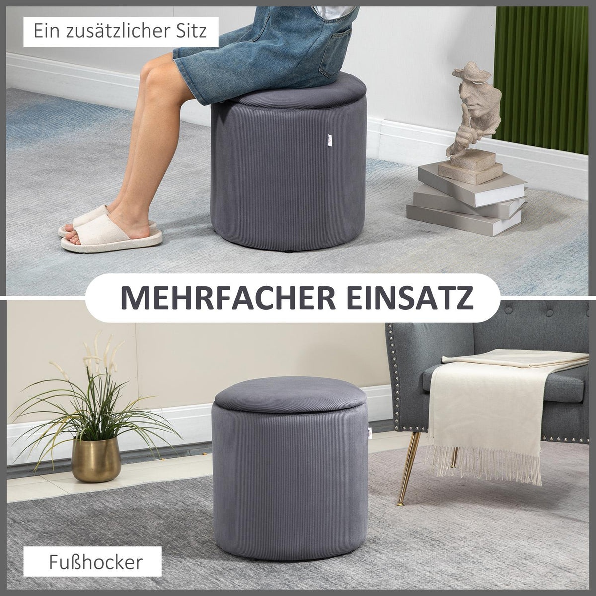 2-Seat Stool Ottoman With Storage Space In Cord Look, Gray, Removable Lid, 40X40X41Cm, For Living Room