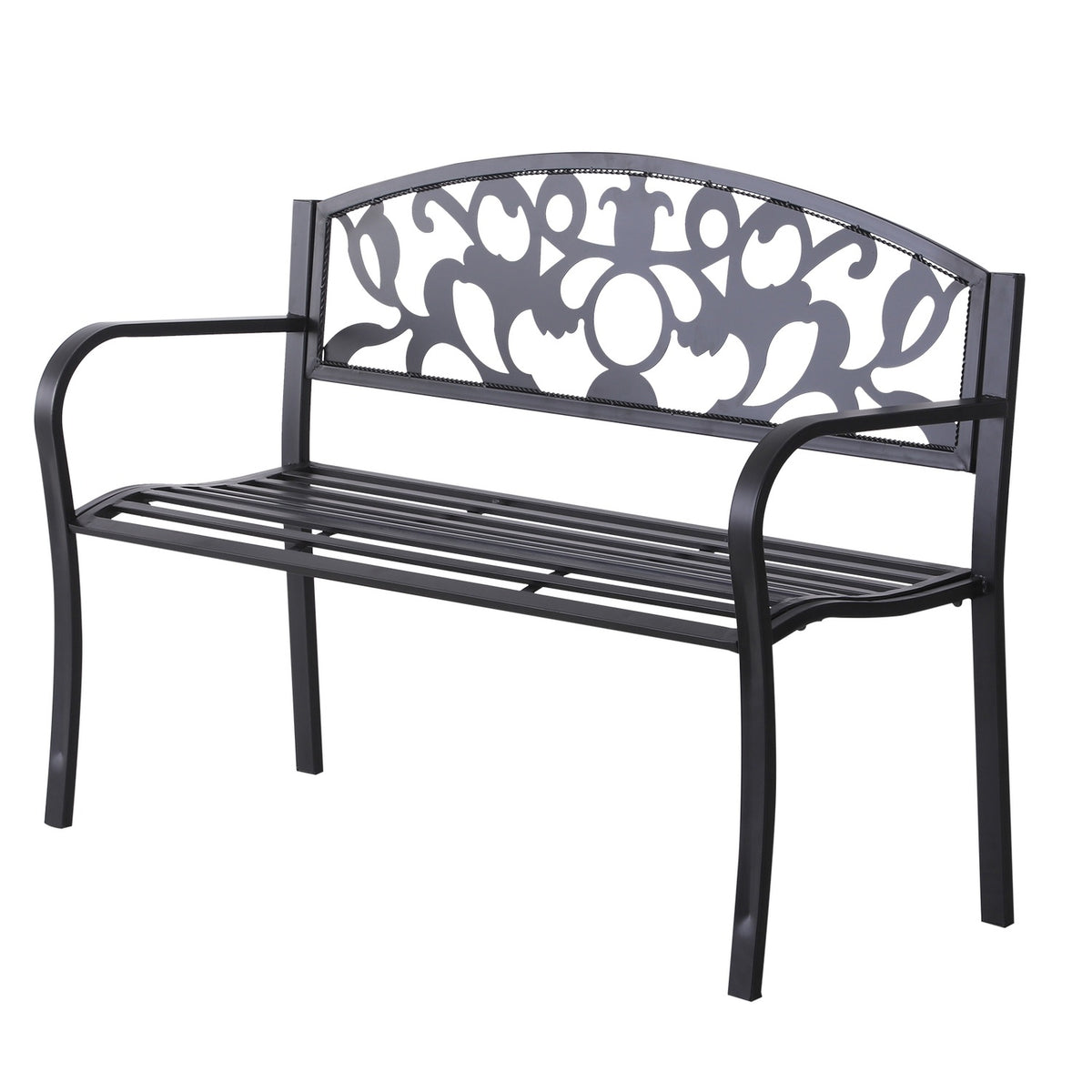 2-Seater Bench Garden Bench Metal Bench With Armrests Country House Style Metal Black 128 X 50 X 91 Cm